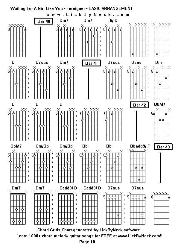 Chord Grids Chart of chord melody fingerstyle guitar song-Waiting For A Girl Like You - Foreigner - BASIC ARRANGEMENT,generated by LickByNeck software.